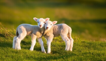 Wall Mural - two lambs cuddling on the green field