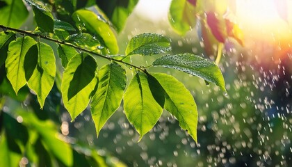 Wall Mural - a leafy green tree with raindrops on it the leaves are wet and the sun is shining through the rain