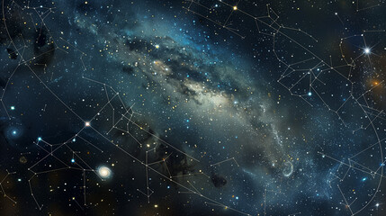 andromeda galaxy and constellation map. starry night sky with milky way in a cosmic scene featuring 