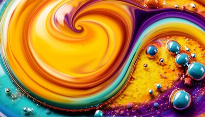 Canvas Print - bright vibrant swirl sparkling ink flow art mixed vivid yellow purple turquoise orange oil droplets twirling on water surface with round shimmer