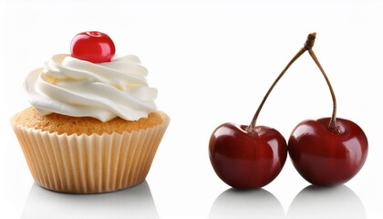 delicious cupcake with cream and cherry isolated on white