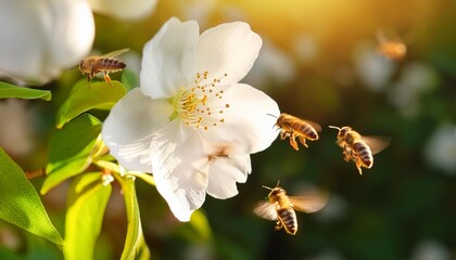 Wall Mural - bees fly to collect pollen from a white flower with a blurred background of leaves