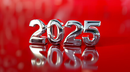 Wall Mural - silver metalic 2025 on a vivid red background, new year concept