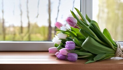 Wall Mural - bouquet of tulips on a wooden windowsill