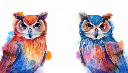 colorful watercolor illustration of two majestic owl partners on white background generative a i art