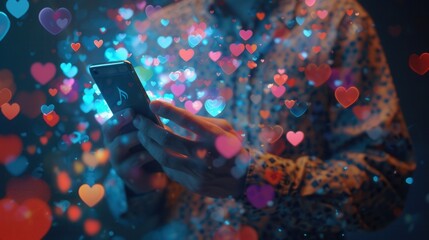 Aufkleber - A man interacts with his smartphone in a dimly lit room, surrounded by vibrant icons representing likes and hearts from social media. Generative AI