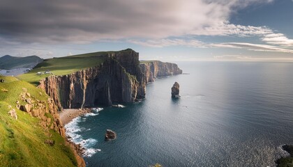 dramatic coastal scenery with towering cliffs and isolated sea stacks rising from the ocean ai generated