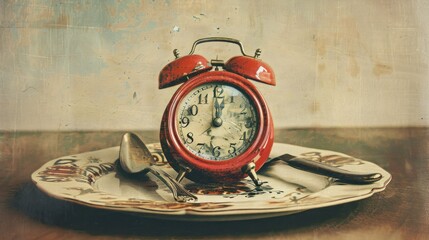 Vintage Red Alarm Clock on a Plate