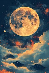 Wall Mural - stunning full moon illuminating the night sky above serene mountain landscape