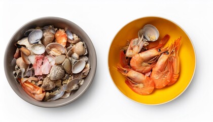 food scraps in a bowl prawn heads and prawn shells food scraps leftovers waste natural seafood lunch dinner the top view is isolated on white background top view with clipping path