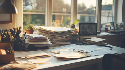 Wall Mural - Messy Papers on a White Desk in a Well-Lit Home Office