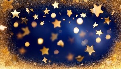 Wall Mural - an abstract background with gold stars and particles on navy blue a bokeh of golden light particles on a navy blue background for christmas gold foil texture