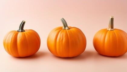 three orange pumpkins on pastel color background