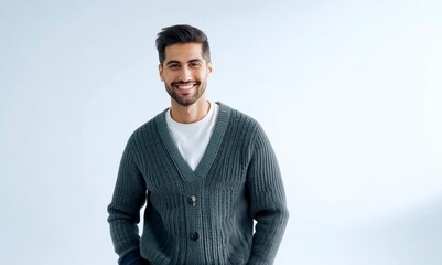 Wall Mural - Lifestyle portrait video of a satisfied man in his 30s that is wearing a chic cardigan against a white background