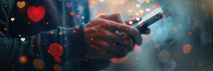 Aufkleber - A man interacts with his smartphone, immersed in a digital world filled with floating like icons, reflecting modern online social engagement. Generative AI
