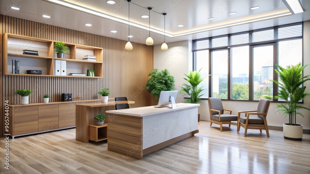 Modern Office Reception Desk with Wood Paneling and Natural Light ...
