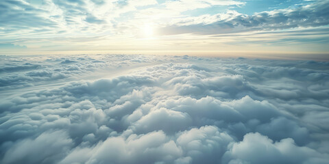 Wall Mural - Beautiful view from the airplane window flying above the clouds blue sky in sunny day and soft sunlight in the afternoon. 