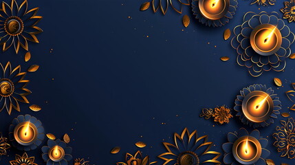 Elegant Diwali celebration image with a rich navy blue base, highlighted by intricate gold floral patterns, twinkling oil lamps, and festive firework illustrations. Oriental festival of lights Ramadan