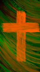 Bold orange cross symbol with swirling orange and green tropical theme. Religious wallpaper hd graphic design. 