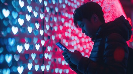 Aufkleber - A man uses his smartphone, focused on social media interactions amid a vibrant backdrop of heart-shaped icons illuminating the dark surroundings. Generative AI
