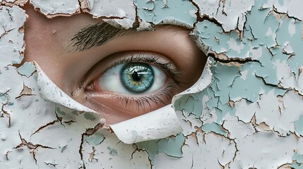 This is an enlarged image of a woman's eye looking through a torn hole in vintage paper. Painted hyperrealistic female art in blue and beige colors.