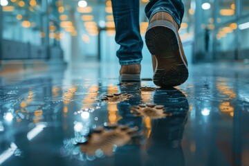 walking feet in business shoes leaving footprints on the glossy floor