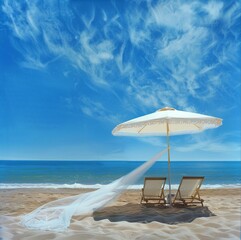 Wall Mural - Beach with calm sea, blue sky. An umbrella and two empty deck chairs on a fine sandy beach. A bridal veil rests on one of the two deck chairs