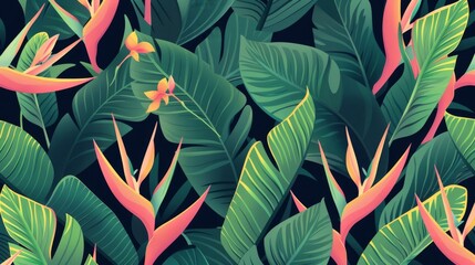 Wall Mural - Forest art deco wallpaper with exotic palm trees, monstera plants, split-leaf Philodendron plants, jungle plants line art on trendy background. Modern illustration.