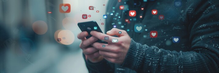 Aufkleber - A man is actively using his smartphone, surrounded by floating social media likes icons in a busy urban environment. Generative AI