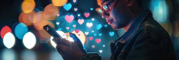 Aufkleber - A man interacts with his smartphone, surrounded by vibrant icons representing likes and connections, highlighting modern digital communication at night. Generative AI