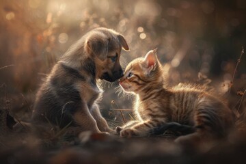 Poster - A playful puppy and kitten sit together on the grass, enjoying each other's company