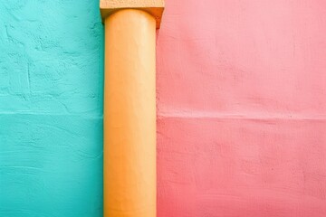 Canvas Print - A yellow fire hydrant sits next to a colorful pink and blue wall