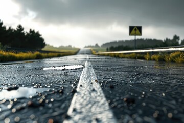 Canvas Print - A wet road with a sign on the side of it