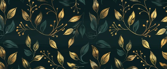 In line art style, gold branches and leaves decorate a lush green botanical background. Ideal for banner design, textile, print, or decor.