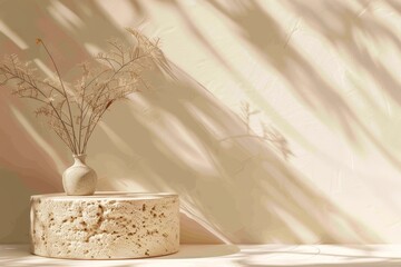 Canvas Print - A minimal abstract background featuring light and intricate shadows from the window and plantation on the wall for product presentation.