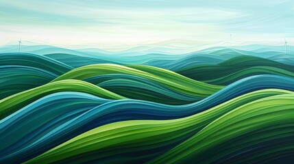 Abstract Wavy Landscape with Wind Turbines, Digital Art, Green and Blue, Nature, Energy, Environment, Sustainability