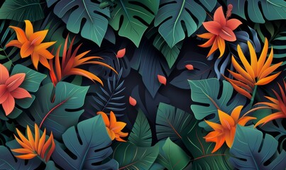 Wall Mural - Tropical leaves on a black background with a bird of paradise in the center