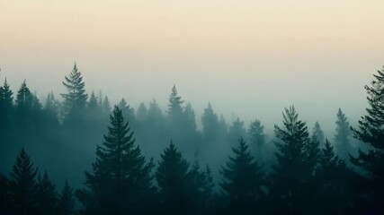 Poster - A tranquil setting showcases a dense forest shrouded in fog, highlighting towering evergreen trees against a softly lit sky at dawn.