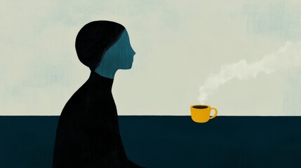 Wall Mural - Lofi illustration of a person sitting by a window on a rainy day looking thoughtful and contemplative with a journal and a steaming cup of tea nearby