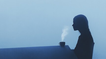 Wall Mural - Lofi illustration of a person sitting by a window on a rainy day looking thoughtful and contemplative with a journal and a steaming cup of tea nearby