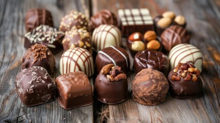 Wall Mural - Assorted chocolate varieties with nuts on a wooden surface