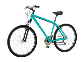 Wall Mural - Blue teal bicycle, side front view. Black leather saddle and handles. Png clipart isolated on transparent background