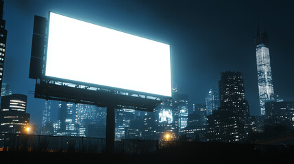 Wall Mural - a large blank billboard overlooking a cityscape at night, illuminated, perfect for advertising mocku