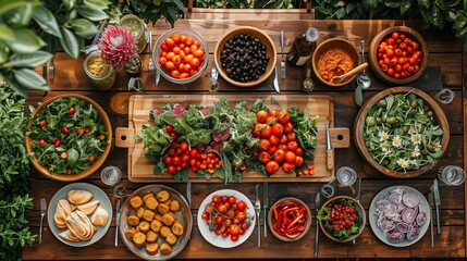 Vibrant Farm-Fresh Harvest Feast Set on Rustic Wooden Table Surrounded by Lush Greenery