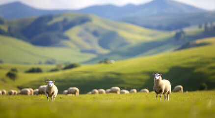 Wall Mural - Sheep Grazing in Lush Green Pastures Under a Clear Blue Sky in the Countryside