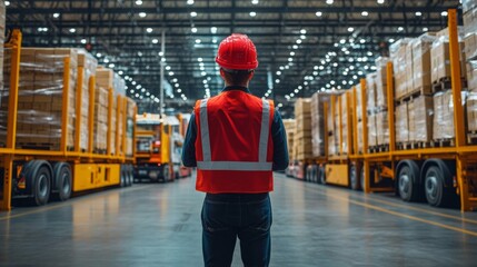 Warehouse Worker Standing Between Semi Trucks.