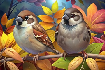 Wall Mural - Two sparrows perched on a branch in autumnal hues