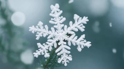 Leinwandbilder - A single snowflake rests gently on an evergreen branch, surrounded by softly falling snow in a serene winter landscape.