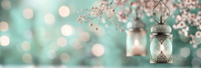 Poster - Decorative Lanterns Hang Among Blossoming Branches In Soft Light