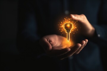 Wall Mural - hologram of a key in hands	
